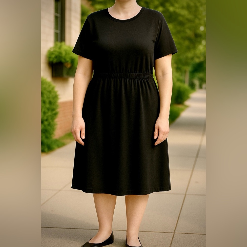 Marimekko Ikkunani Black Short Sleeve Midi Dress with Elastic Waist